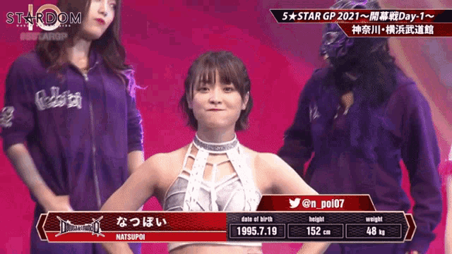 a female wrestler is standing in front of a screen that says 5 star gp 2021