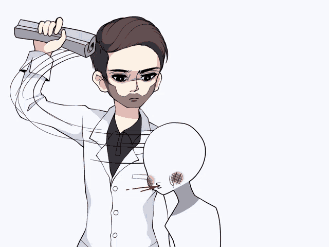 a man in a white coat is holding a gun over his head