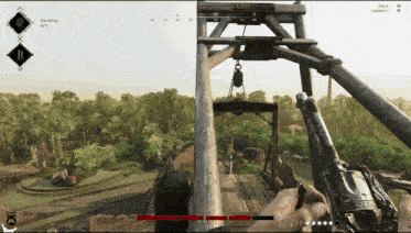 a screenshot of a video game shows a person holding a gun in front of a wooden structure