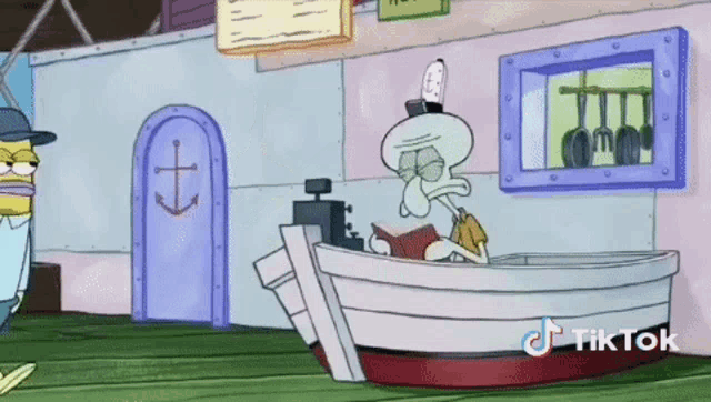 a cartoon of squidward reading a book in a boat
