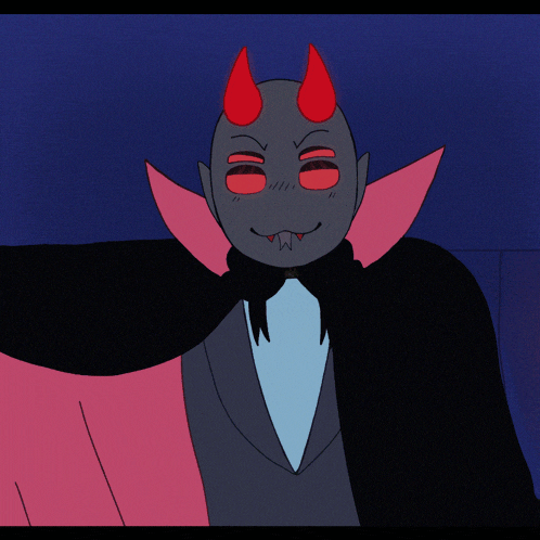 a cartoon drawing of a vampire with red horns and a cape