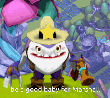 a cartoon character with a star on his hat says be a good baby for marshal
