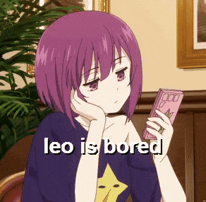 a girl with purple hair is holding a cell phone with the words leo is bored written below her