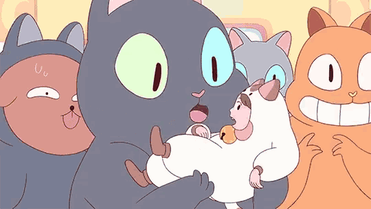 a group of cartoon cats are standing around a cat holding a baby