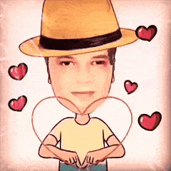 a cartoon of a man wearing a hat and surrounded by hearts