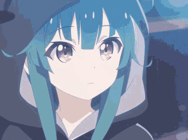 a close up of a girl with blue hair and a black hoodie