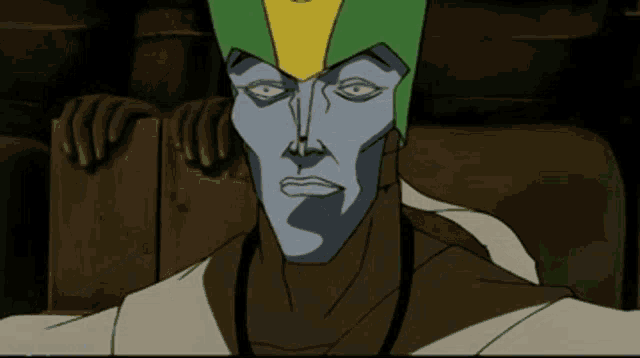 a close up of a cartoon character with a green helmet