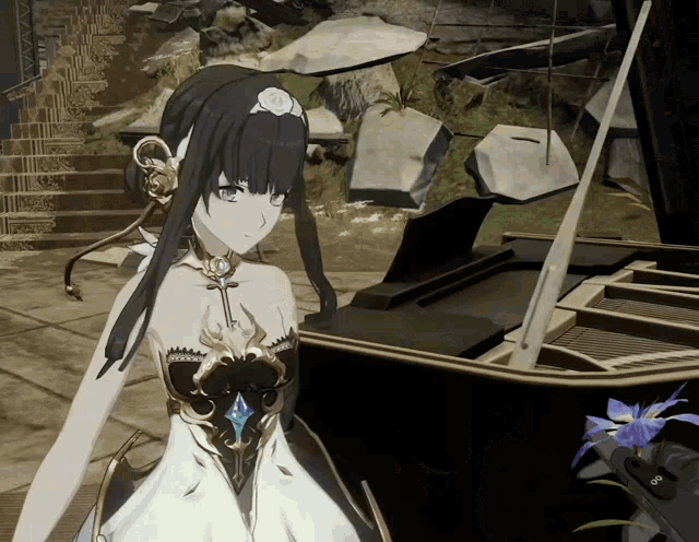 a woman in a white dress is standing in front of a piano