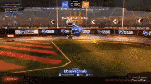 a rocket league game is being played with a backwards goal
