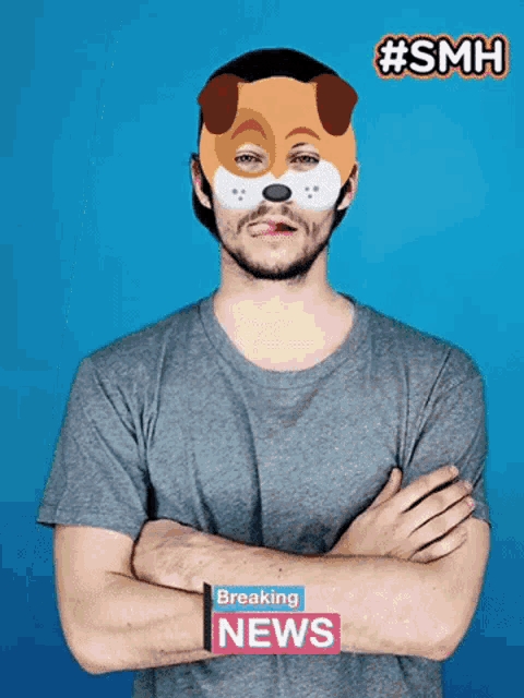 a man with his arms crossed wearing a dog mask with breaking news written on it