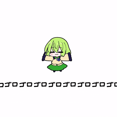 a cartoon drawing of a girl with green hair and black gloves .