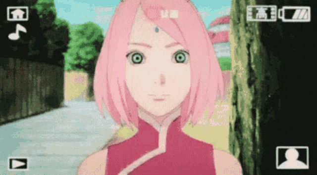 a girl with pink hair and green eyes is taking a selfie with a camera .