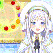 a girl with white hair and a white hat is standing in front of a cake with fruit on it .
