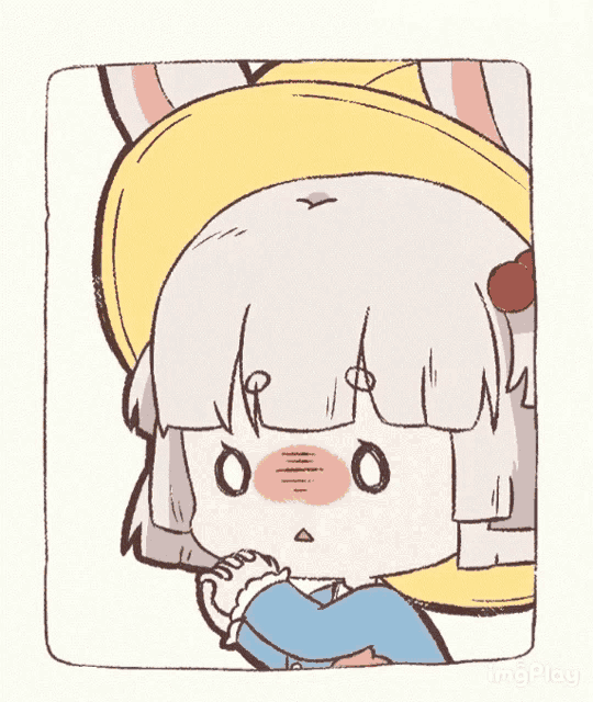 a drawing of a girl wearing a yellow hat and a blue shirt