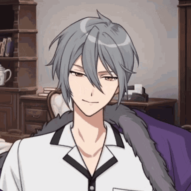 a gray haired anime character with a purple blanket on his shoulders