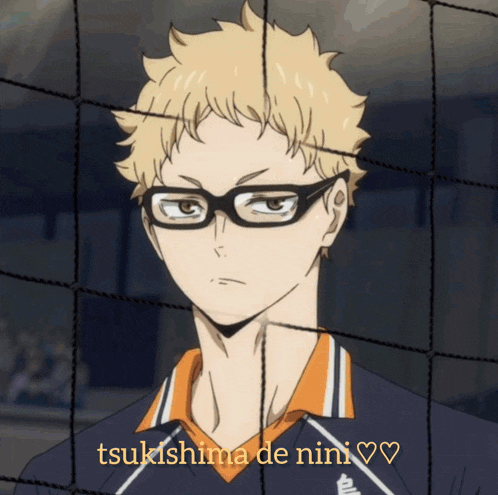 a man wearing glasses is behind a volleyball net with tsukishima de nini written on it