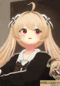 a girl with long blonde hair and red eyes is in a video game