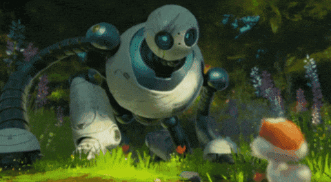 a robot is standing next to a small mushroom in a field