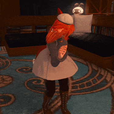 a woman with a red tail is dancing in a room