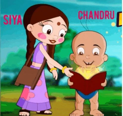 a cartoon of a woman standing next to a baby holding a book with the words siya and chandra on the bottom