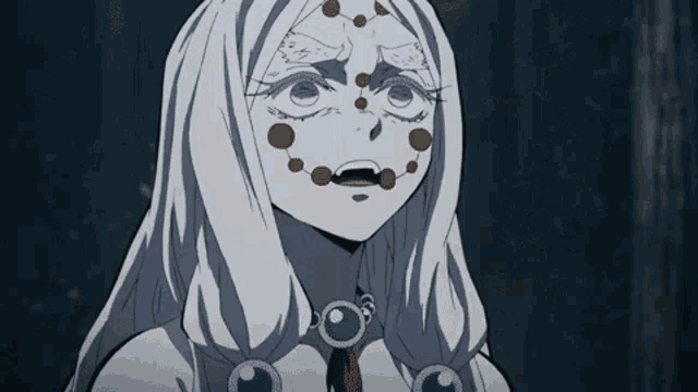 a woman with white hair and spider webs on her face is looking at the camera .