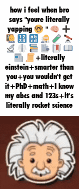 a picture of albert einstein with a caption that says how i feel when bro says youre literally yapping
