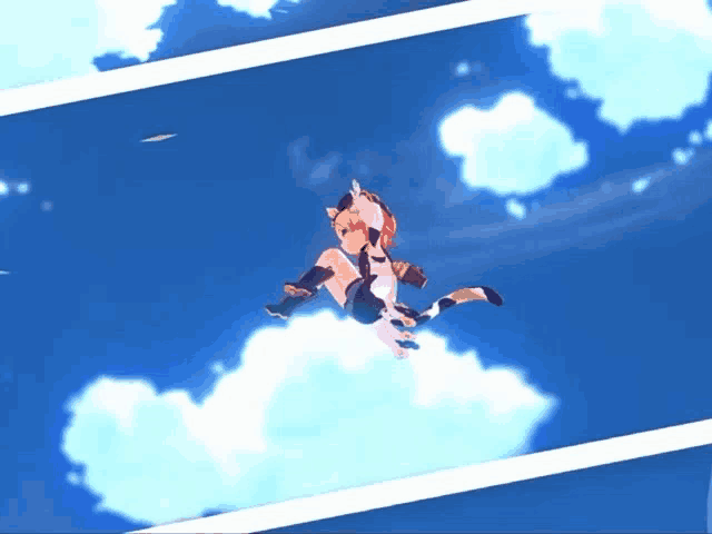 a cat girl is flying through a blue sky with clouds