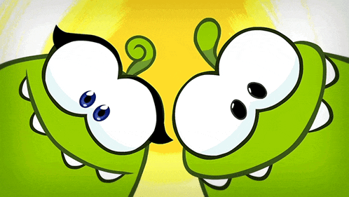 two green cartoon characters are looking at each other with the sun in the background