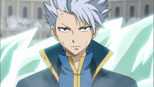 a drawing of a man with white hair and a blue shirt