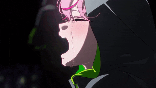 a girl with pink hair is wearing a hooded jacket and crying