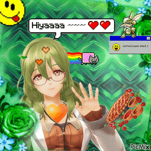 a picture of a girl with green hair and glasses with a speech bubble that says hiyaaa