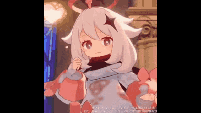 a cartoon girl with white hair and a red star on her head