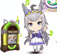a cartoon girl is standing next to a jukebox and a horse .