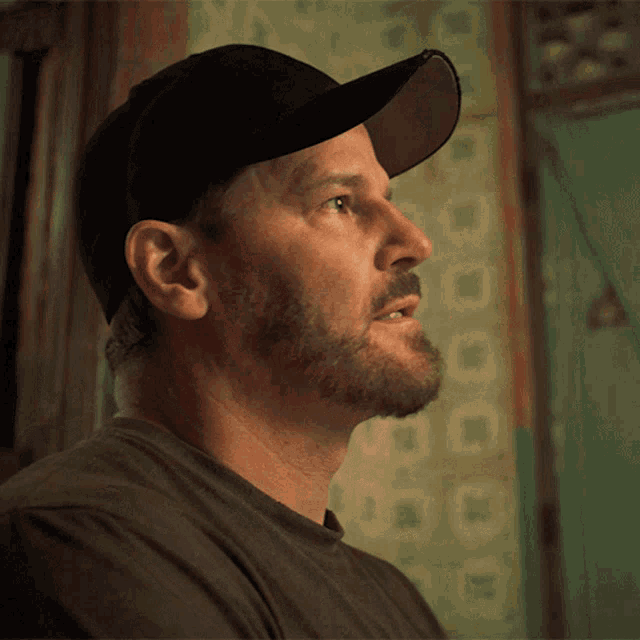 a man with a beard wearing a baseball cap looks to the side