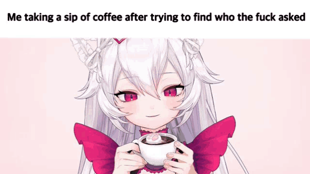 a girl with white hair and red eyes is holding a cup of coffee in her hands .