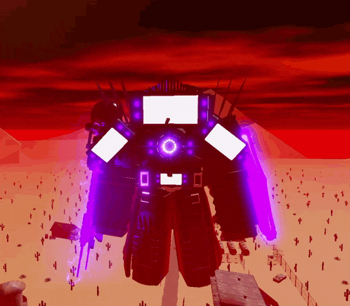 a robot with purple lights on it 's arms