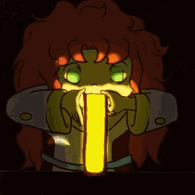 a cartoon drawing of a girl with red hair holding a glowing object