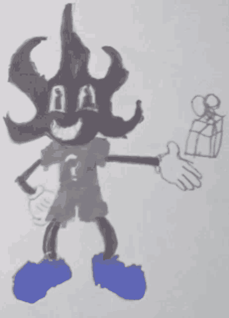 a drawing of a cartoon character with horns holding a lantern