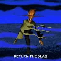 a cartoon character is walking in the water and the words return the slab are on the bottom