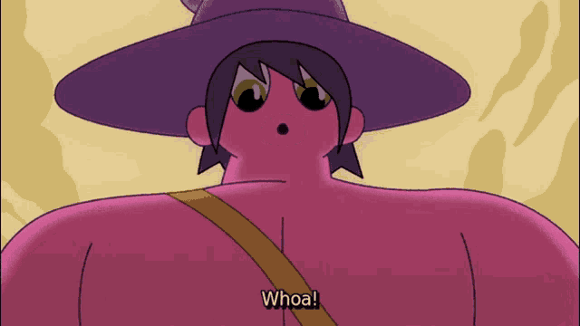 a cartoon character with a purple hat and a yellow strap says whoa