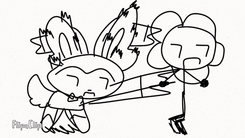 a black and white drawing of three cartoon characters standing next to each other on a white background .