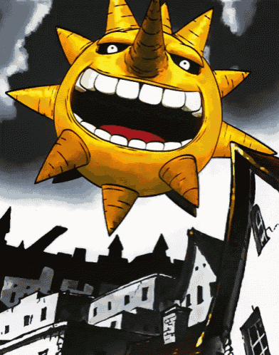 a cartoon drawing of a sun with a horn on top of it