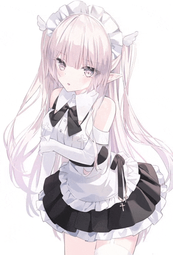 a girl in a maid outfit has a cross on her belt