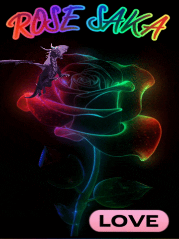 a dragon is flying over a colorful rose with the words rose saga love written below it