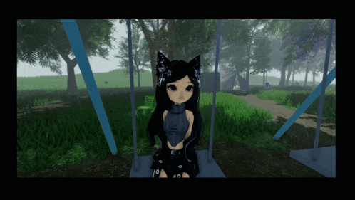 a girl with a cat ear sits on a swing in a park