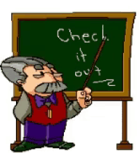 a cartoon man is standing in front of a blackboard that says check it out