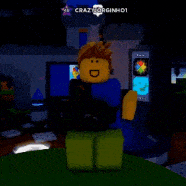 a roblox character is holding a book in front of a computer monitor