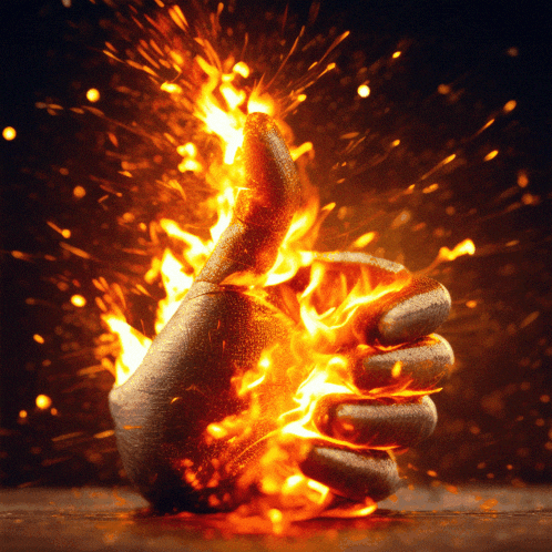 a hand giving a thumbs up is surrounded by flames and sparks