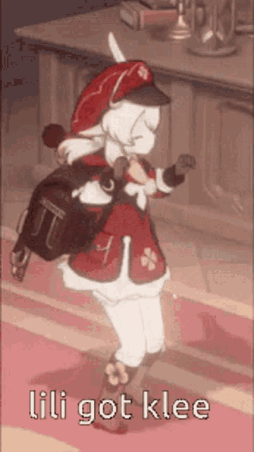 a cartoon character is dancing in a room with the words lili got klee on the bottom