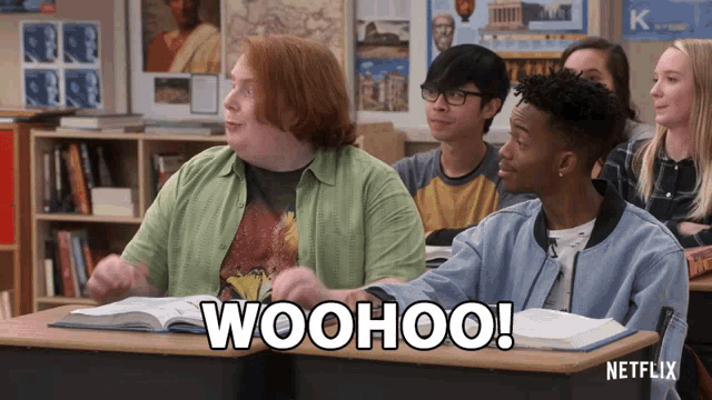 a group of students in a classroom with woohoo written on the bottom